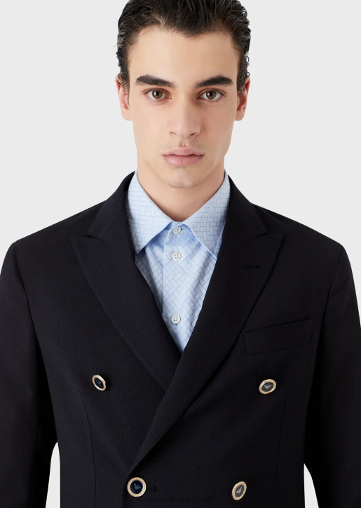 Men 086V1024 Double-Breasted Jacket In Stretch Wool Crepe With 3D Effect Armani Navy Blue