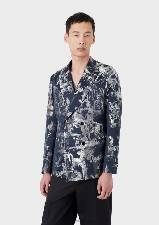 Men 086V1027 Double-Breasted Jacket In Toile De Jouy Jacquard Armani Pattern