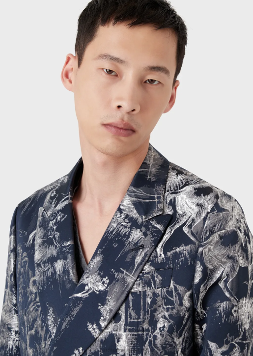 Men 086V1027 Double-Breasted Jacket In Toile De Jouy Jacquard Armani Pattern