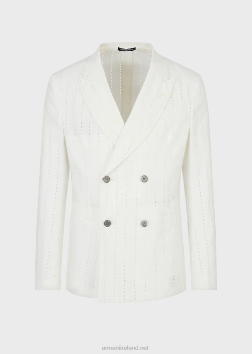 Men 086V1028 Double-Breasted Jacket With Lapels In Striped-Effect Perforated Linen Armani White