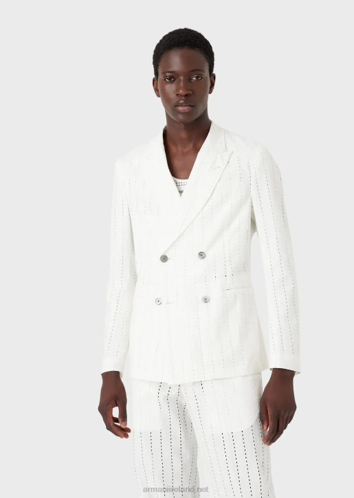 Men 086V1028 Double-Breasted Jacket With Lapels In Striped-Effect Perforated Linen Armani White