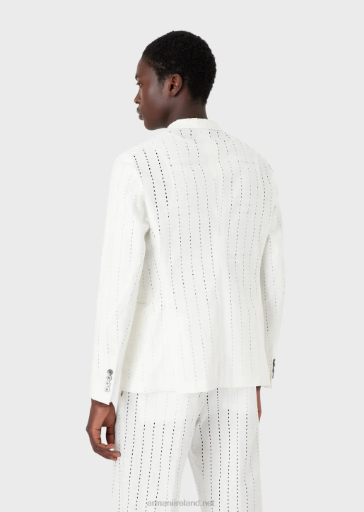 Men 086V1028 Double-Breasted Jacket With Lapels In Striped-Effect Perforated Linen Armani White