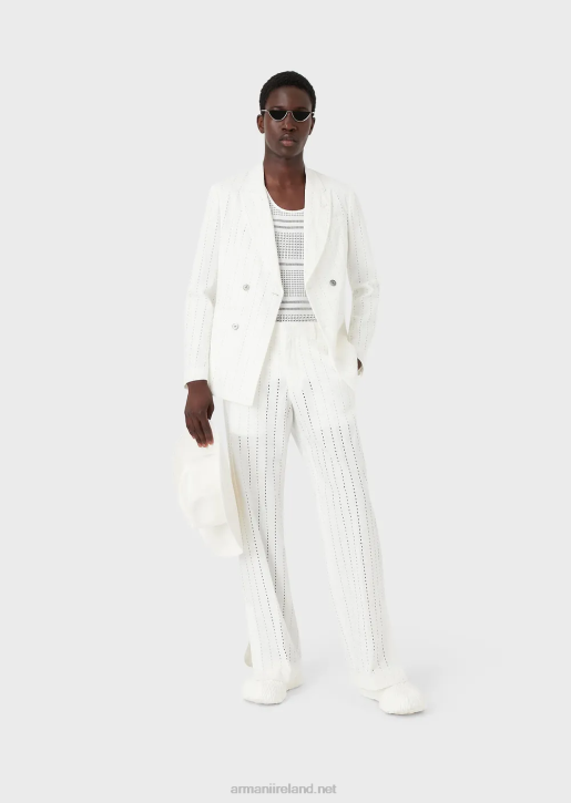 Men 086V1028 Double-Breasted Jacket With Lapels In Striped-Effect Perforated Linen Armani White