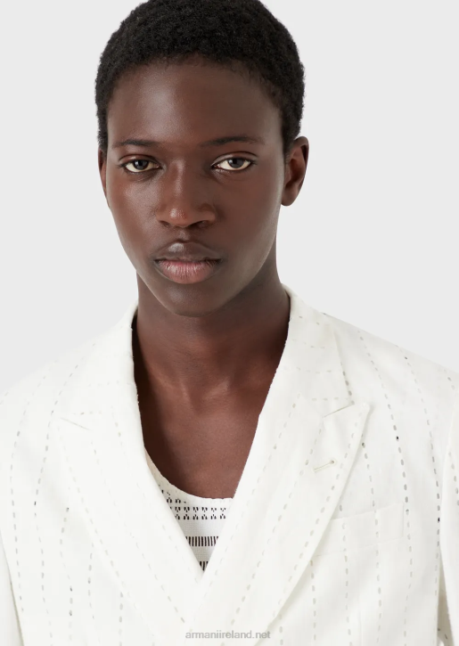 Men 086V1028 Double-Breasted Jacket With Lapels In Striped-Effect Perforated Linen Armani White