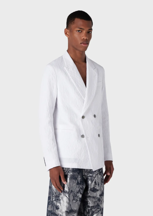 Men 086V1029 Double-Breasted Jacket With Lapels In A Washed-Look Stretch Cotton Armani White