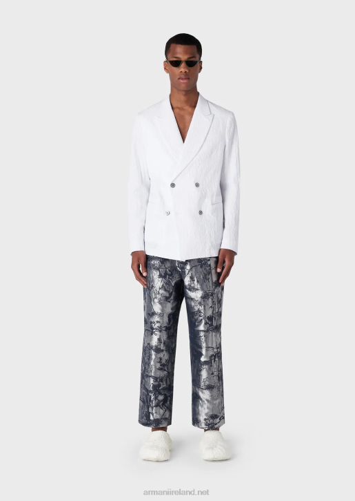 Men 086V1029 Double-Breasted Jacket With Lapels In A Washed-Look Stretch Cotton Armani White