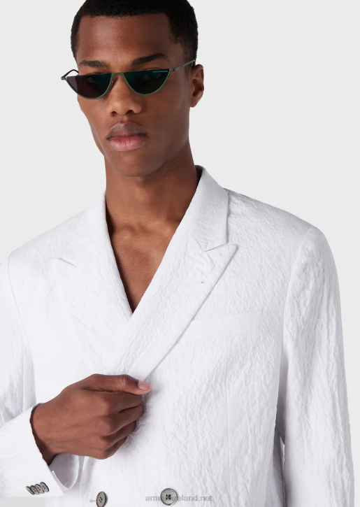 Men 086V1029 Double-Breasted Jacket With Lapels In A Washed-Look Stretch Cotton Armani White