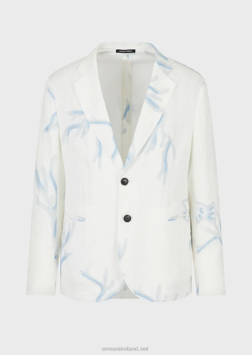 Men 086V1030 Single-Breasted Jacket In All-Over Coral-Print Linen Armani White