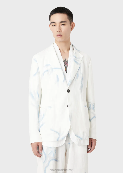 Men 086V1030 Single-Breasted Jacket In All-Over Coral-Print Linen Armani White