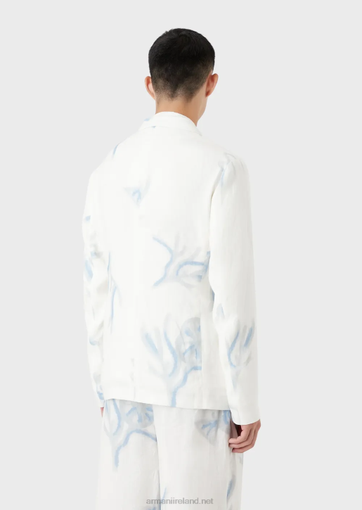 Men 086V1030 Single-Breasted Jacket In All-Over Coral-Print Linen Armani White