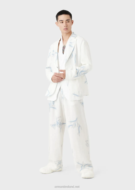 Men 086V1030 Single-Breasted Jacket In All-Over Coral-Print Linen Armani White