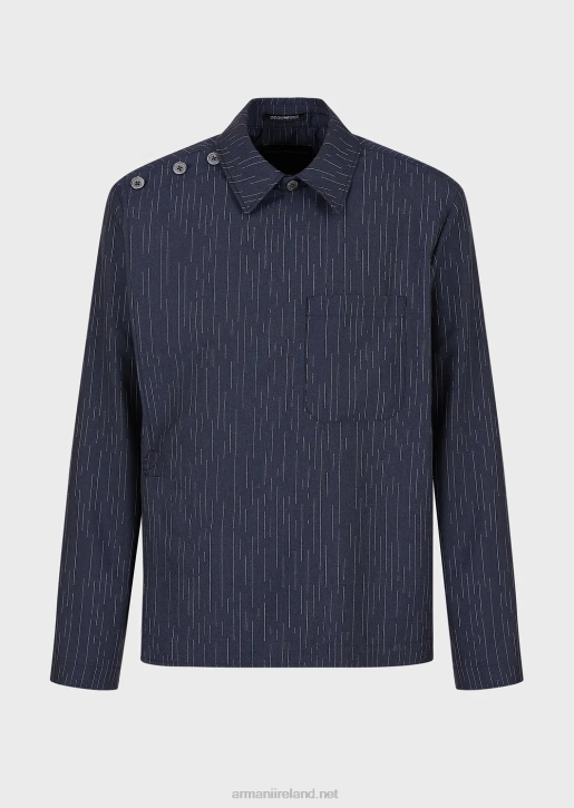 Men 086V1035 Fil Coupe Striped Denim-Effect Fabric Shirt Jacket With Wrap Closure Armani Navy Blue