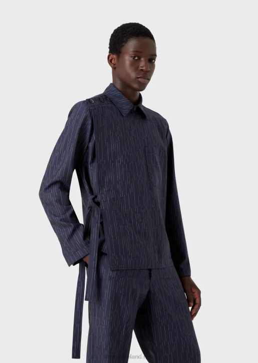 Men 086V1035 Fil Coupe Striped Denim-Effect Fabric Shirt Jacket With Wrap Closure Armani Navy Blue