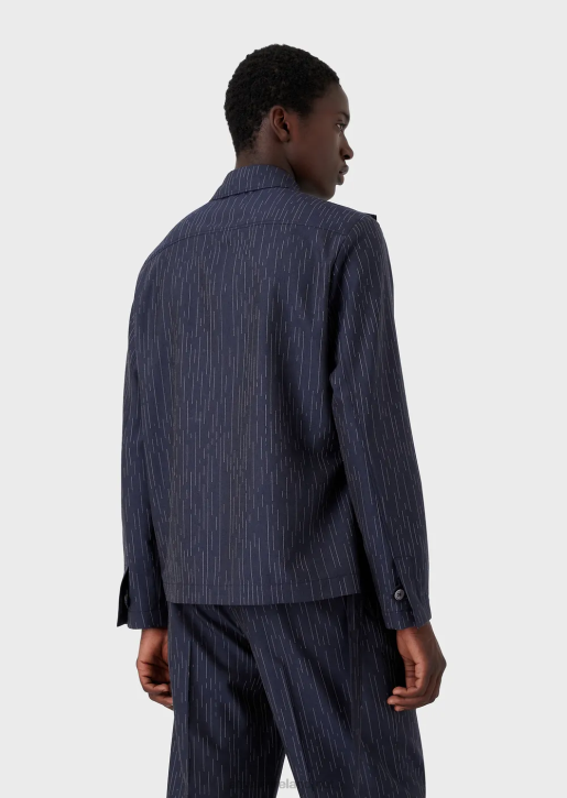 Men 086V1035 Fil Coupe Striped Denim-Effect Fabric Shirt Jacket With Wrap Closure Armani Navy Blue