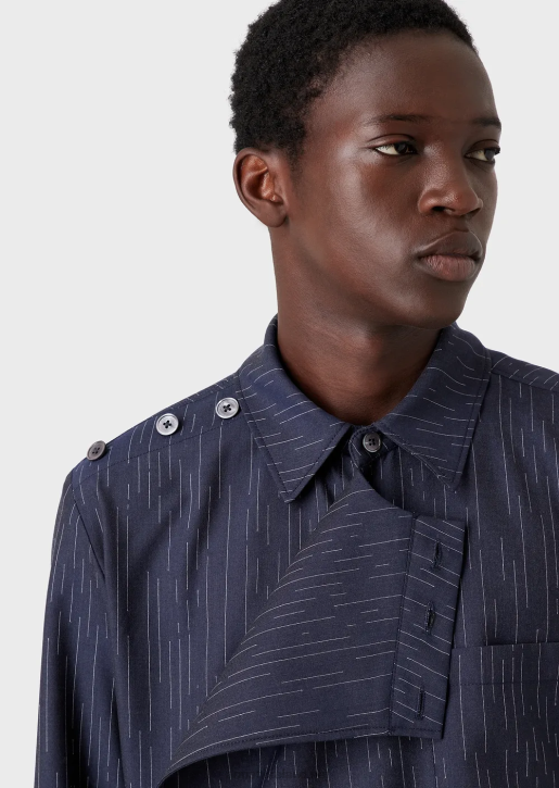 Men 086V1035 Fil Coupe Striped Denim-Effect Fabric Shirt Jacket With Wrap Closure Armani Navy Blue