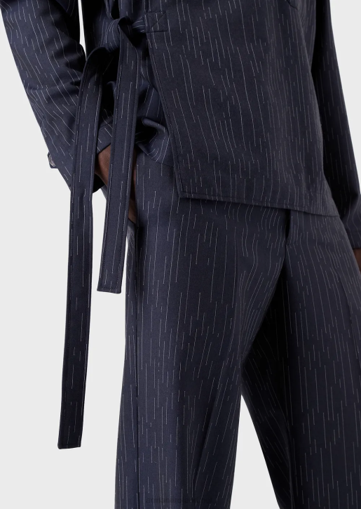 Men 086V1035 Fil Coupe Striped Denim-Effect Fabric Shirt Jacket With Wrap Closure Armani Navy Blue