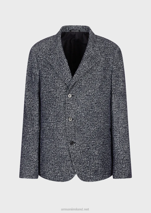 Men 086V1037 Nehru Collar Jacket In Flocked, Printed Mesh Fabric Armani Blue