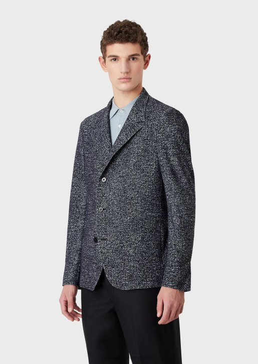 Men 086V1037 Nehru Collar Jacket In Flocked, Printed Mesh Fabric Armani Blue
