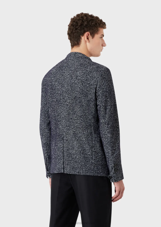 Men 086V1037 Nehru Collar Jacket In Flocked, Printed Mesh Fabric Armani Blue