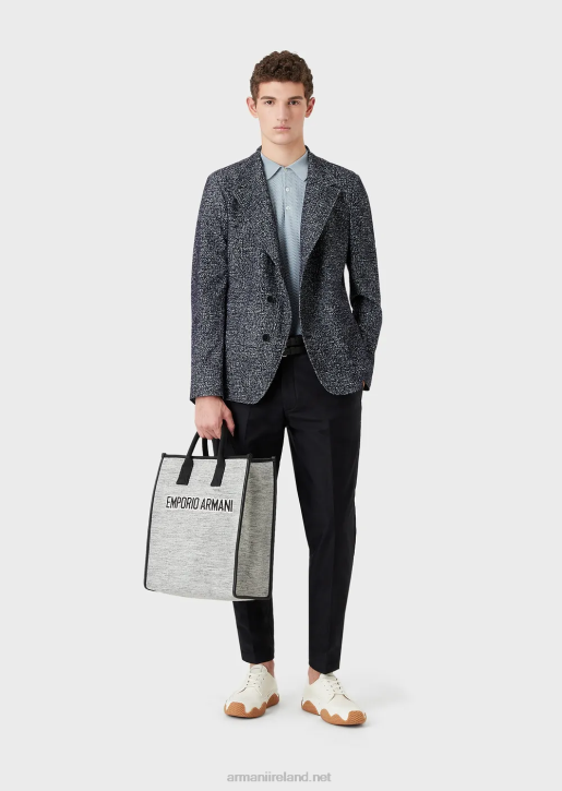 Men 086V1037 Nehru Collar Jacket In Flocked, Printed Mesh Fabric Armani Blue