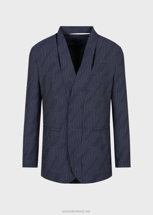 Men 086V1043 Single-Breasted Jacket With Slit At The Neckline In Fil Coupe Striped Denim-Effect Fabric Armani Navy Blue