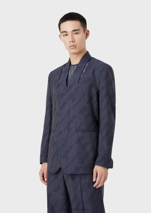 Men 086V1043 Single-Breasted Jacket With Slit At The Neckline In Fil Coupe Striped Denim-Effect Fabric Armani Navy Blue
