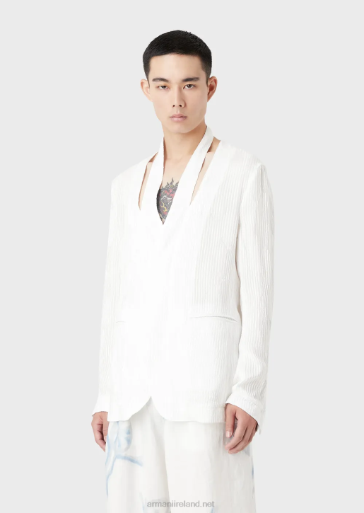 Men 086V1044 Single-Breasted Jacket With Slit At The Neckline In A Pleated Jacquard Silk Blend Armani White