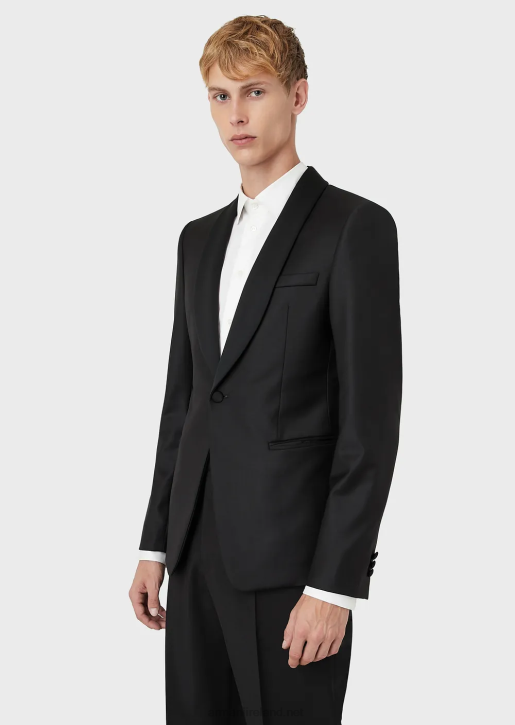 Men 086V1053 Worsted Virgin Wool Jacket With Satin Shawl Lapels Armani Black