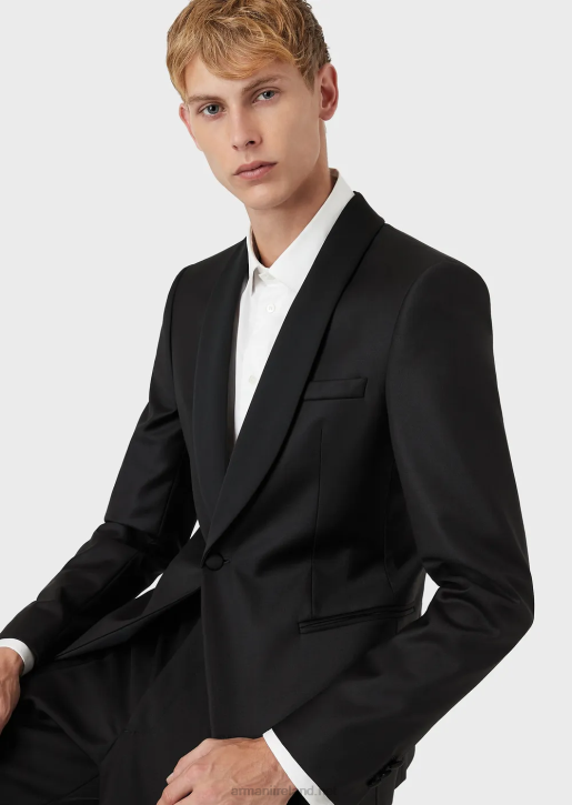 Men 086V1053 Worsted Virgin Wool Jacket With Satin Shawl Lapels Armani Black