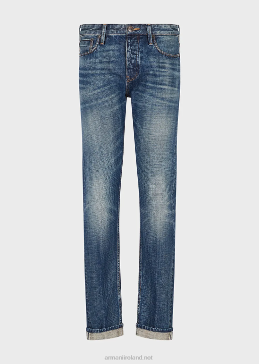 Men 086V1163 J75 Slim-Fit, Vintage-Wash Selvedge Denim Jeans Armani Blue