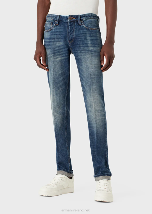 Men 086V1163 J75 Slim-Fit, Vintage-Wash Selvedge Denim Jeans Armani Blue