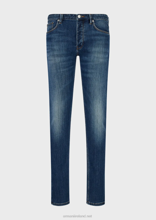 Men 086V1164 J75 Slim-Fit, Worn-Look Organic-Denim Jeans Armani Blue