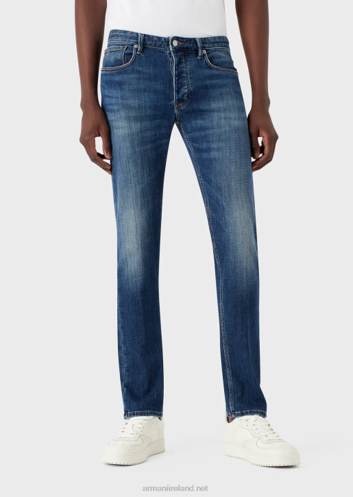 Men 086V1164 J75 Slim-Fit, Worn-Look Organic-Denim Jeans Armani Blue