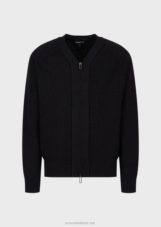 Men 086V1220 English Rib-Knit V-Neck Cardigan With Zip In A Wool Blend Armani Navy Blue