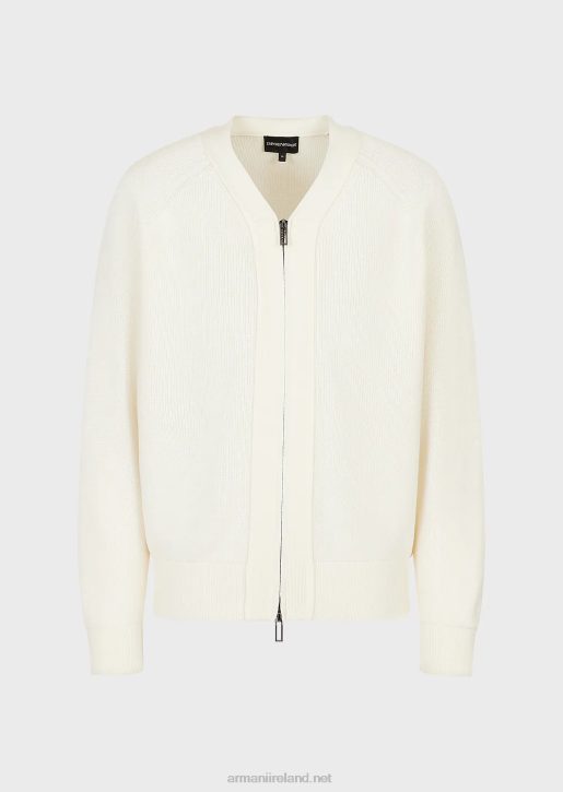 Men 086V1221 English Rib-Knit V-Neck Cardigan With Zip In A Wool Blend Armani Milky White