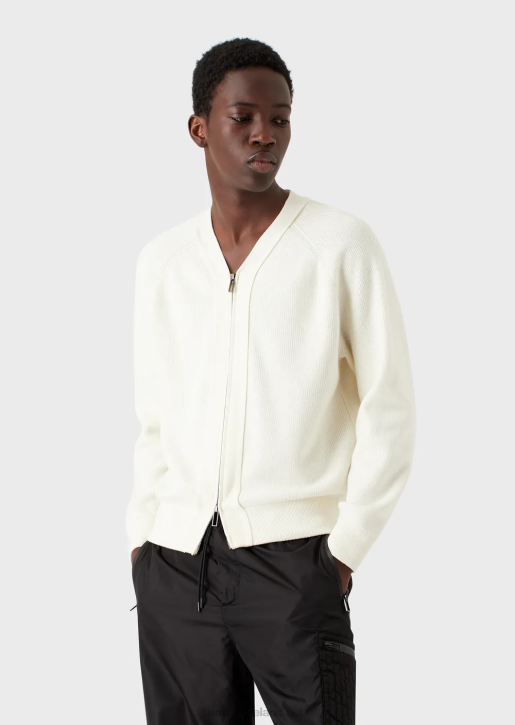 Men 086V1221 English Rib-Knit V-Neck Cardigan With Zip In A Wool Blend Armani Milky White