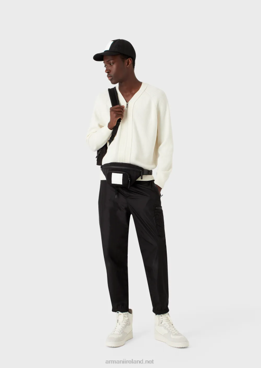 Men 086V1221 English Rib-Knit V-Neck Cardigan With Zip In A Wool Blend Armani Milky White