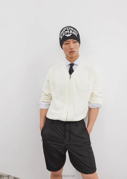 Men 086V1221 English Rib-Knit V-Neck Cardigan With Zip In A Wool Blend Armani Milky White