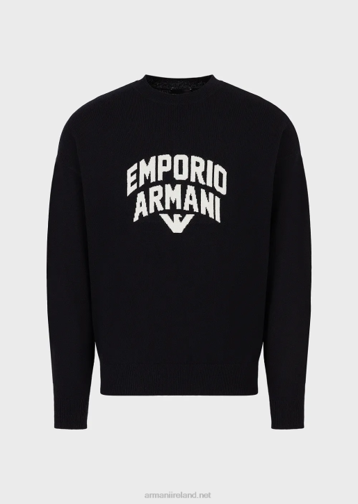 Men 086V1222 Virgin-Wool Jumper With Bold Jacquard Logo Armani Navy Blue