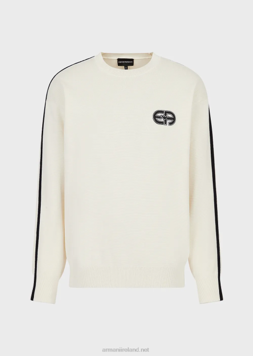 Men 086V1224 Stitched-Fabric Jumper With Ea Patch And Contrasting Stripes Armani White