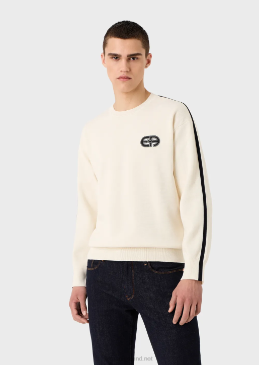 Men 086V1224 Stitched-Fabric Jumper With Ea Patch And Contrasting Stripes Armani White