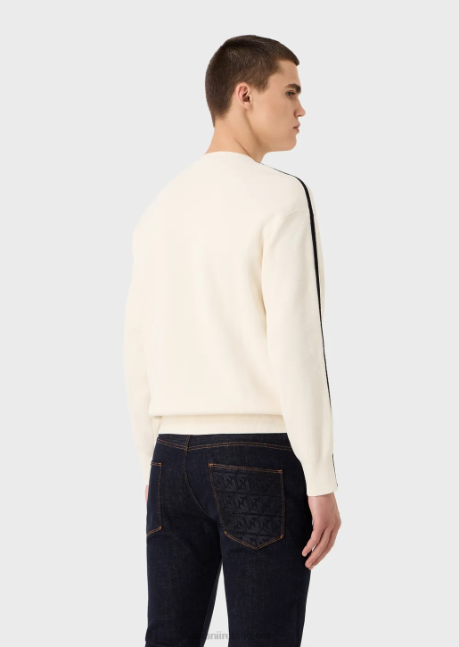 Men 086V1224 Stitched-Fabric Jumper With Ea Patch And Contrasting Stripes Armani White