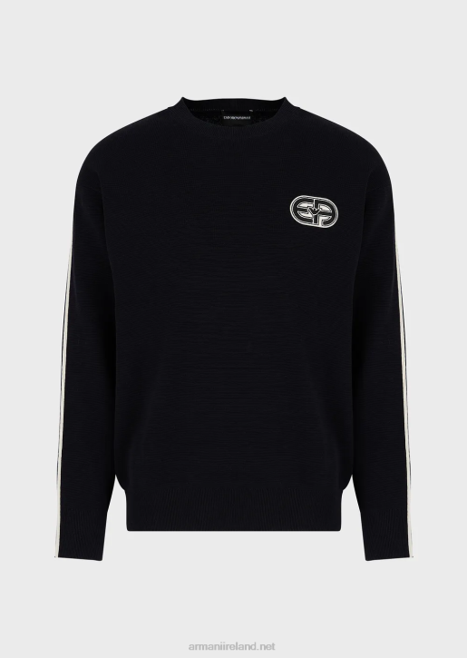 Men 086V1225 Stitched-Fabric Jumper With Ea Patch And Contrasting Stripes Armani Navy Blue