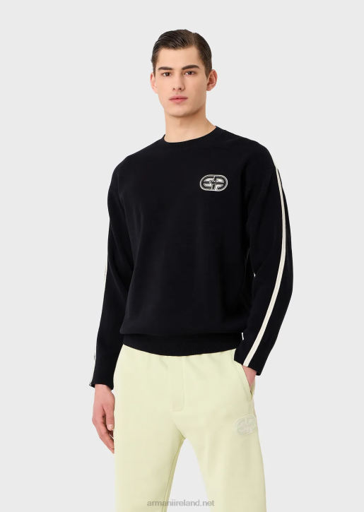 Men 086V1225 Stitched-Fabric Jumper With Ea Patch And Contrasting Stripes Armani Navy Blue