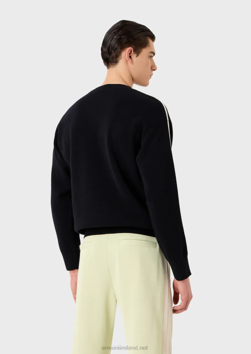 Men 086V1225 Stitched-Fabric Jumper With Ea Patch And Contrasting Stripes Armani Navy Blue