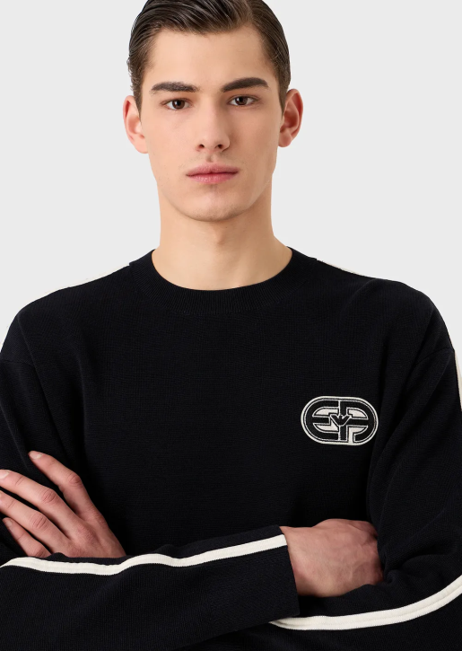 Men 086V1225 Stitched-Fabric Jumper With Ea Patch And Contrasting Stripes Armani Navy Blue