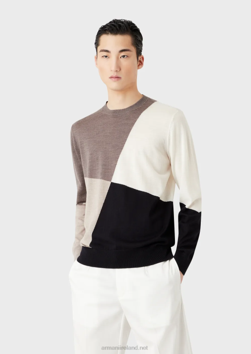 Men 086V1227 Virgin-Wool Jumper With Contrasting Intarsia Armani Brown