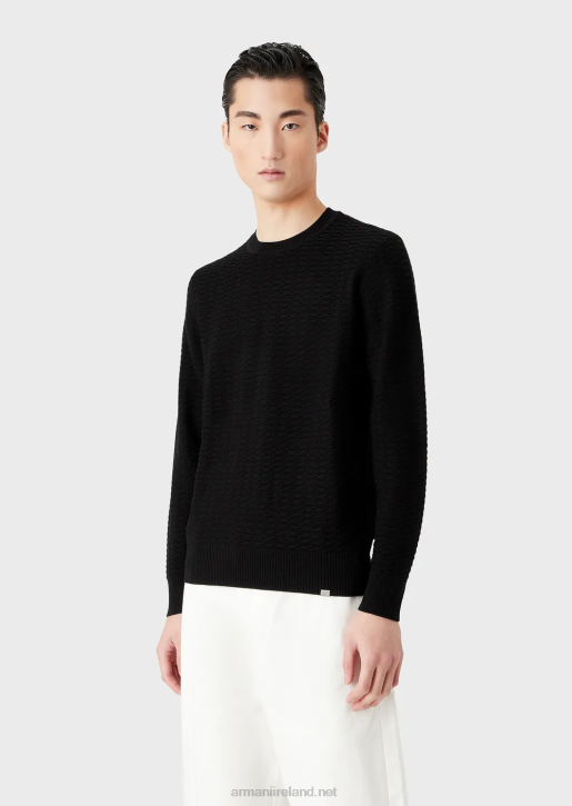Men 086V1230 Patterned-Stitch Wool-And-Lyocell-Blend Jumper Armani Black