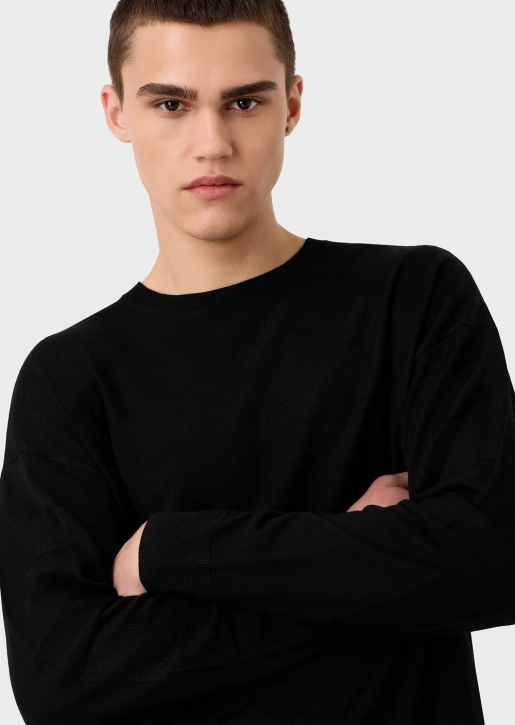 Men 086V1231 Virgin-Wool Jumper With Oversized Intarsia-Knit Logo Armani Black