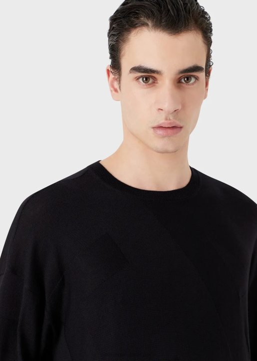 Men 086V1232 Virgin-Wool Jumper With Oversized Intarsia-Knit Logo Armani Navy Blue